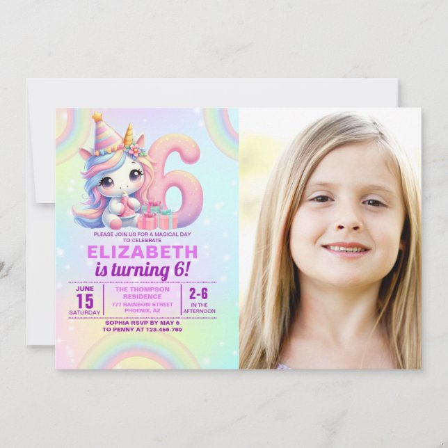 Photo Unicorn 6th Birthday – Rainbow Girl party Inbjudningar (Framsida)