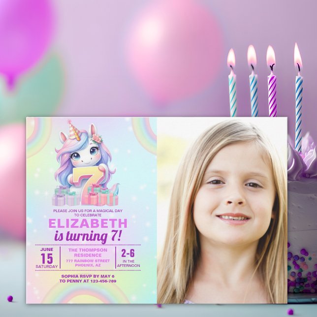 Photo Unicorn 7th Birthday – Rainbow Girl  Inbjudningar (Skapare uppladdad)