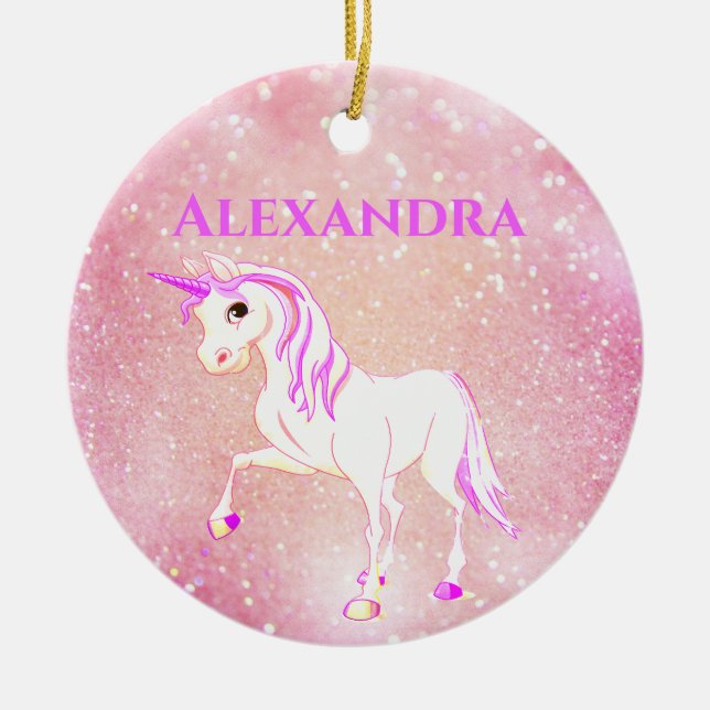 Photo Unicorn Glitter Cute Rosa Kids Julgransprydnad Keramik (Framsidan)