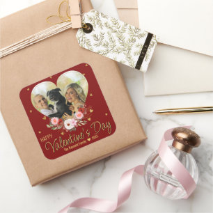 Photo Valentine Day Heart Guld Glitter Heart Red Fyrkantigt Klistermärke