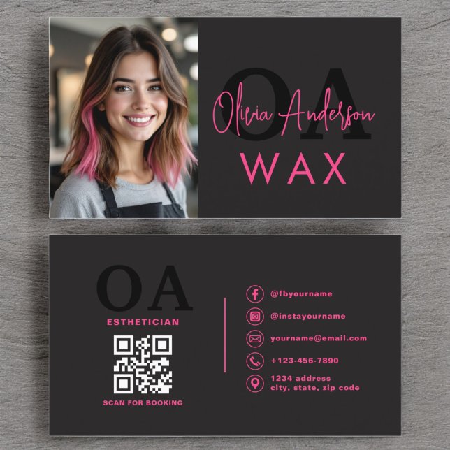 Photo Vax Esthetician QR Code Shock rosa Black Visitkort (Skapare uppladdad)