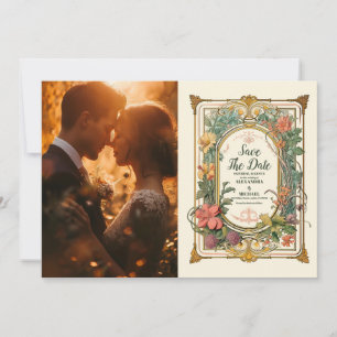 Photo Vintage Blommigt Art nouveau Bröllop Spara Datumet