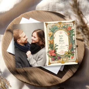 Photo Vintage Blommigt Art nouveau Bröllop Spara Datumet