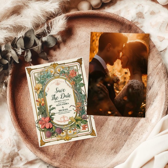Photo Vintage Blommigt Art nouveau Bröllop Spara Datumet (Skapare uppladdad)