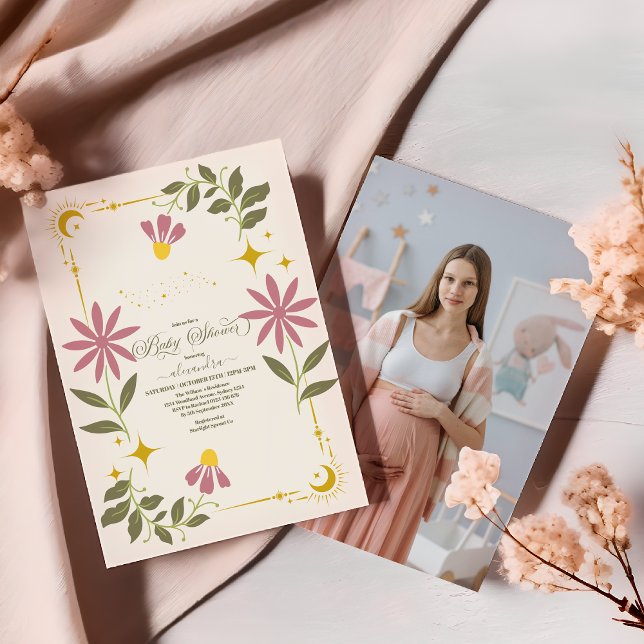 Photo Vintage Celestial Botanical Baby Shower Inbjudningar (Skapare uppladdad)