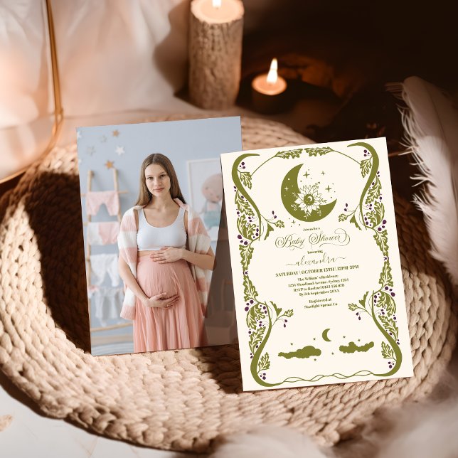 Photo Vintage Celestial Botanical Baby Shower Inbjudningar (Skapare uppladdad)