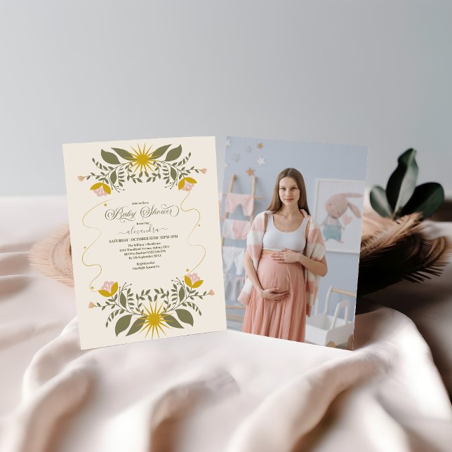 Photo Vintage Celestial Botanical Baby Shower Inbjudningar (Skapare uppladdad)