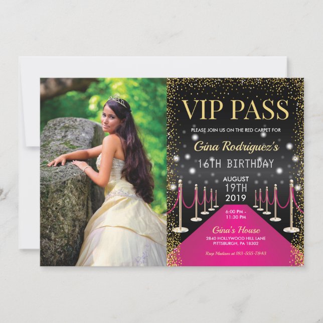 Photo VIP Pass Hollywood Rosa Red Carpet Birthday Inbjudningar (Framsida)