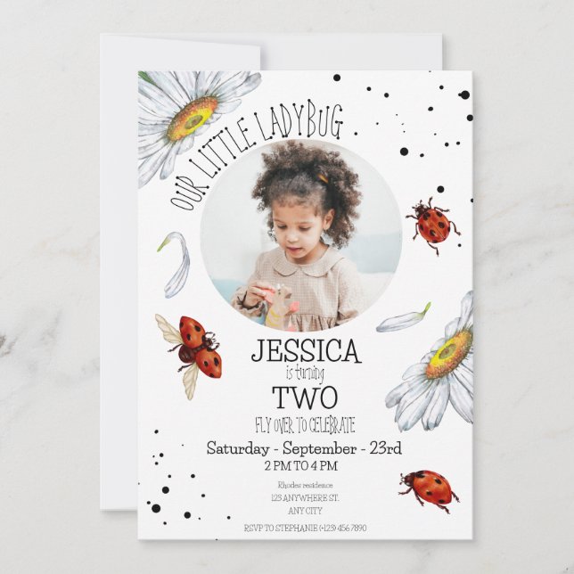 Photo Watercolor Cute Birthday Girl Ladybug Inbjudningar (Framsida)
