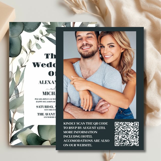 Photo Watercolor Greenery Eucalyptus Bröllop Inbjudningar (Skapare uppladdad)