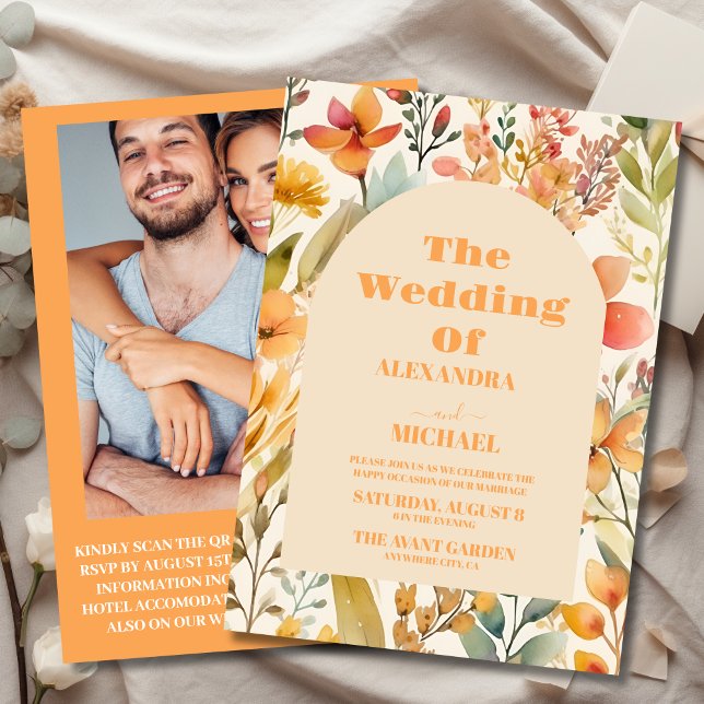 Photo Watercolor Rosa Orange Wildblommor Bröllop Inbjudningar (Skapare uppladdad)