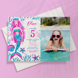 Photo Watercolor Sjöjungfru Girl Birthday Bassäng Inbjudningar