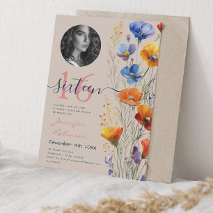 PHOTO Watercolor Wildblommor Sweet 16 Champagne Inbjudningar