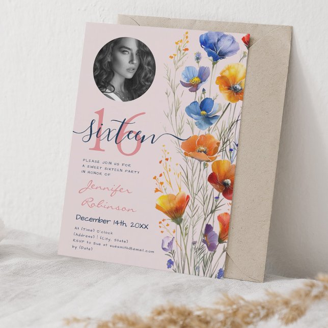 PHOTO Watercolor Wildblommor Sweet 16  Inbjudningar (PHOTO Watercolor Wildflowers Sweet 16 Blush Invitation)