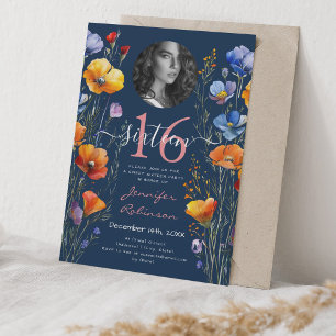 PHOTO Watercolor Wildblommor Sweet 16 Navy Blue Inbjudningar