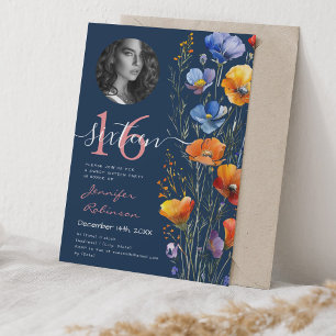 PHOTO Watercolor Wildblommor Sweet 16 Navy Blue Inbjudningar