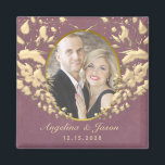 Photo Wedding Favor Magnet<br><div class="desc">Chic,  modernt,  elegant lila bröllop gynnar magnet,  med guld art-deco-hjärta och anpassningsbar foto av paret.</div>