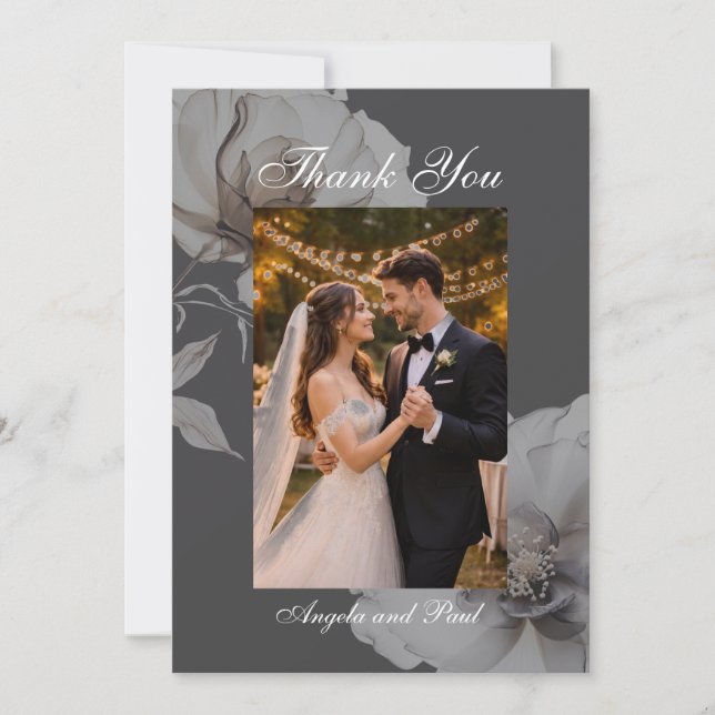 Photo Wedding Flat Thank You Card Dark Grey Roses Tack Kort (Framsida)