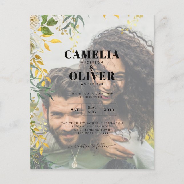 PHOTO WEDDING INVITATION Greenery Guld LeahG Flygblad (Framsidan)