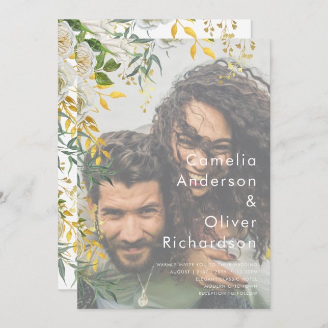 PHOTO WEDDING INVITATION Greenery Guld LeahG Inbjudningar (Fram/baksida)