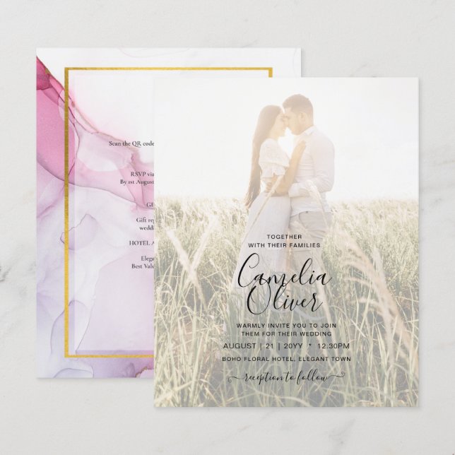 PHOTO WEDDING INVITATION Rosa Lila BLÄCK LeahG (Fram/baksida)