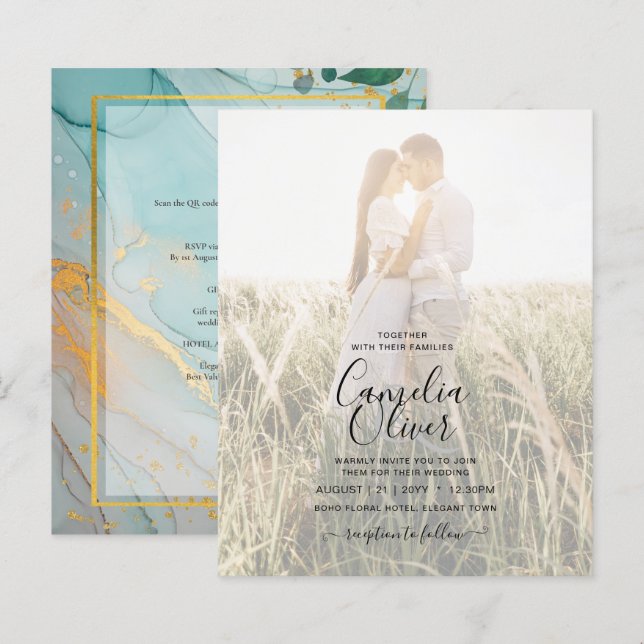 PHOTO WEDDING INVITATION Teal Guld BLÄCK LeahG (Fram/baksida)