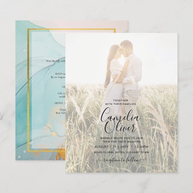 PHOTO WEDDING INVITATION Teal Guld BLÄCK LeahG (Fram/baksida)