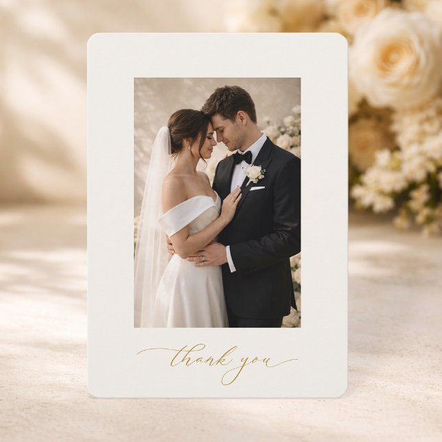 Photo Wedding Thank You Card with Gold Calligraphy Inbjudningar (Skapare uppladdad)
