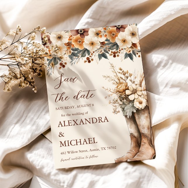 Photo Western Boots Blommigt Terracotta Bröllop Spara Datumet (Skapare uppladdad)