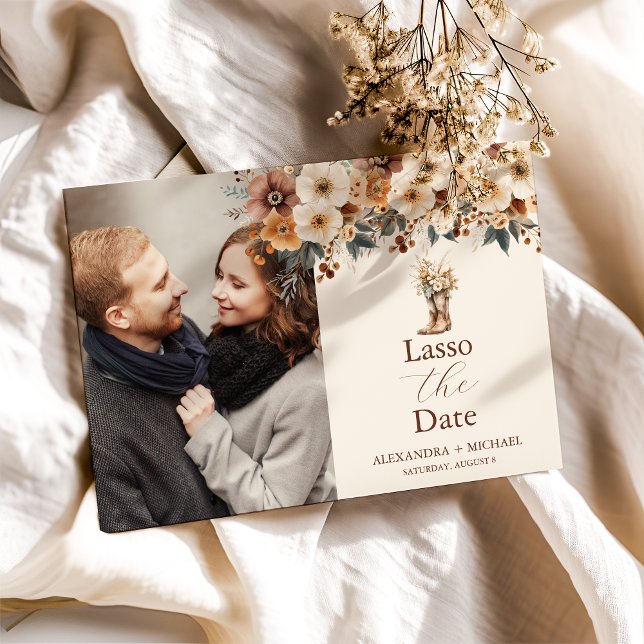 Photo Western Boots Blommigt Terracotta Bröllop Spara Datumet (Skapare uppladdad)