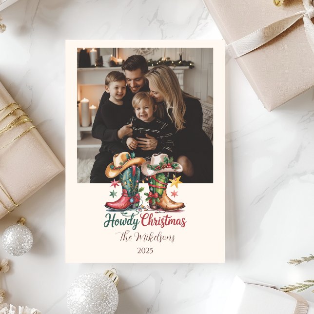 Photo Western Cowboy Boots Rustic Howdy Christmas Julkort (Skapare uppladdad)