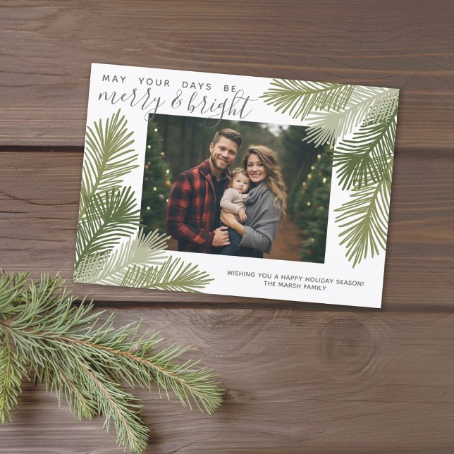 Photo Whimsical Grenar Calligraphy jul Julkort (Online Christmas Card, 1 Photo, Large Bounce Calligraphy, Whimsical Pine Branches)