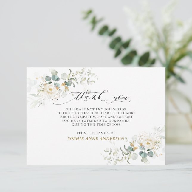 Photo White Blommigt Greenery Guld in Loving Memor Tack Kort (Stående Fram)