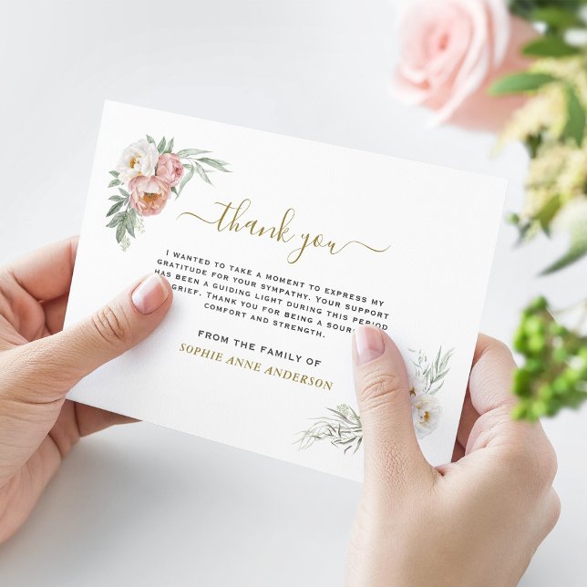 Photo White Blommigt Greenery Guld in Loving Memor Tack Kort (dusty rose funeral thank you, floral photo in loving memory thank you card)