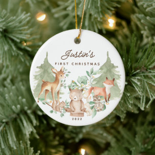 Photo Woodland Animals Baby Första jul Julgransprydnad Keramik