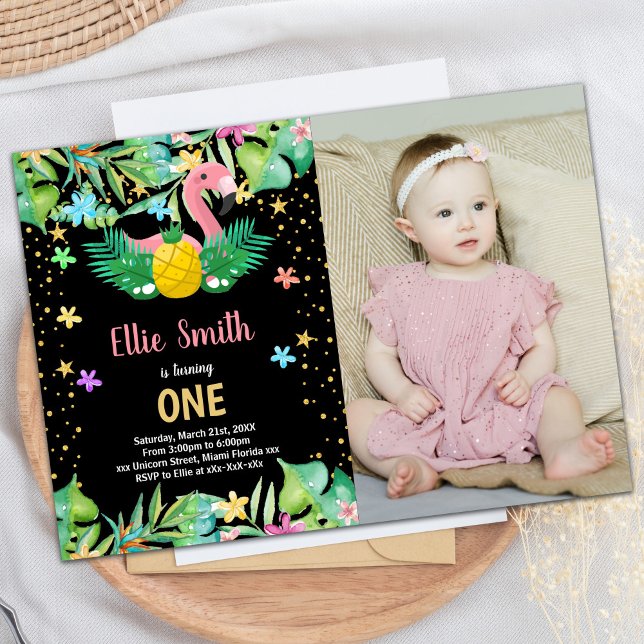 PhotoBlack Pineapple Flamingo Birthday-inbjudninga Inbjudningar (PhotoBlack Pineapple Flamingo Birthday Invitations)