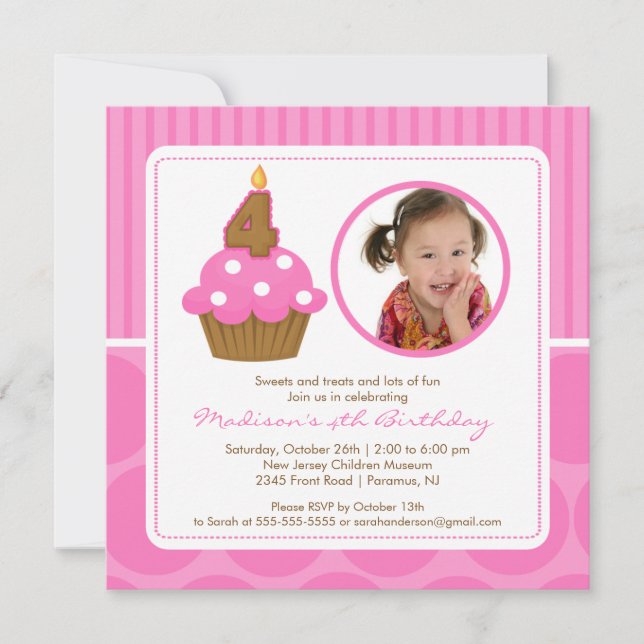PhotoCupkaka Birthday-inbjudan 4e födelsedagen Ros Inbjudningar (Framsida)