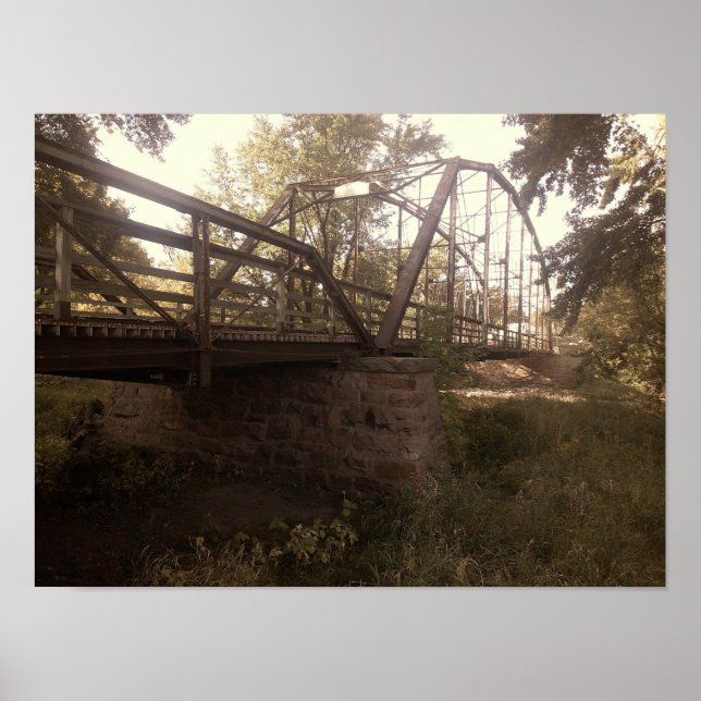 Photograph of an old, rusty iron truss bridge  poster (Framsidan)