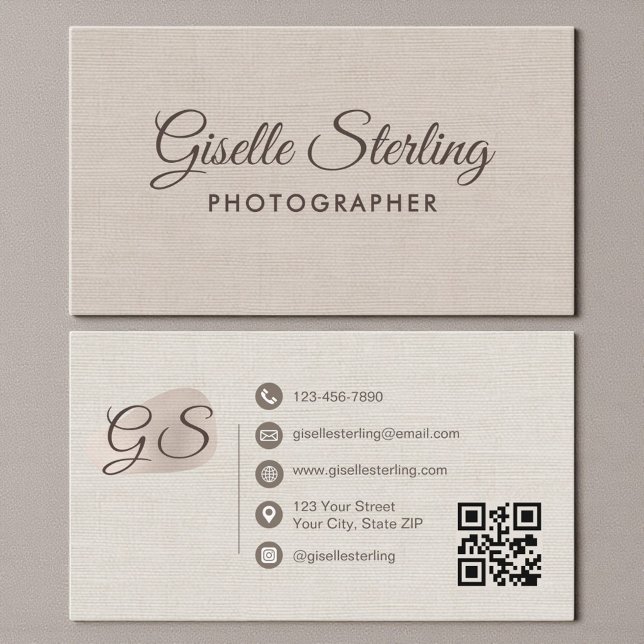 Photographer Beige Linen Modern Elegant QR Code Visitkort (Skapare uppladdad)