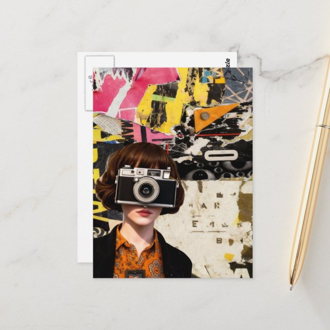 Photographer Woman Grunge Mixed Media Collage  Vykort (Fram/Back In Situ)