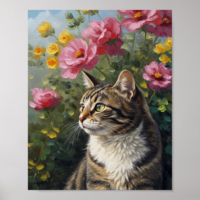 Photoreal Cat & Flowers | Oil-Impressionist Art Poster (Framsidan)