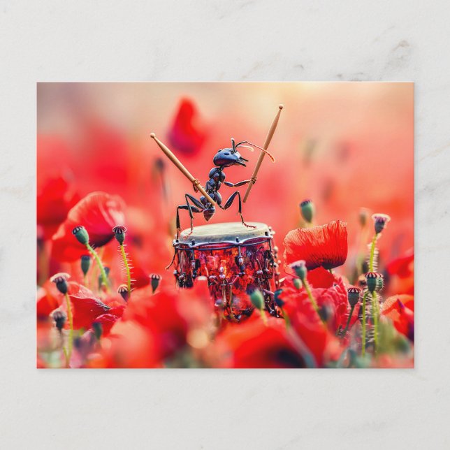 Photorealistic Ant Playing Drums in a Poppy Field Vykort (Framsida)