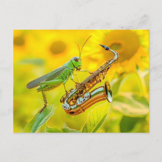 Photorealistic Grasshopper Playing Saxophone Vykort (Framsida)