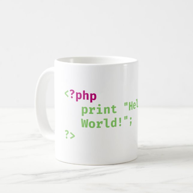 php - print hej world - Coding Pun Kaffemugg (Framsida vänster)