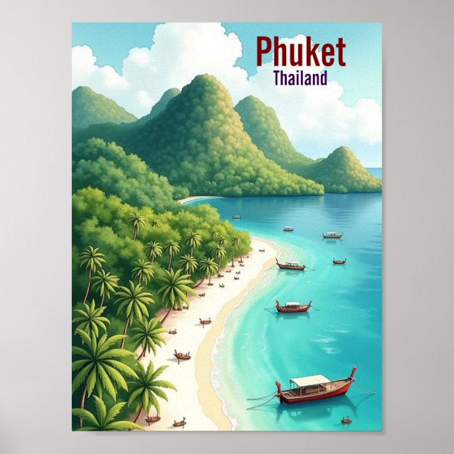Phuket Thailand Konstnärlig Resa akvarell Poster (Framsidan)