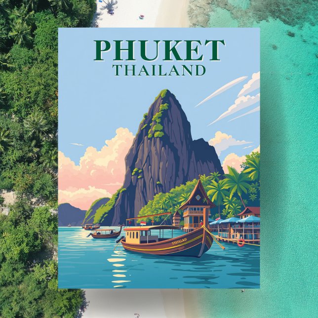 Phuket Thailand Strand Båt Konst vykort (Phuket Thailand Beach Boat Art Postcard)