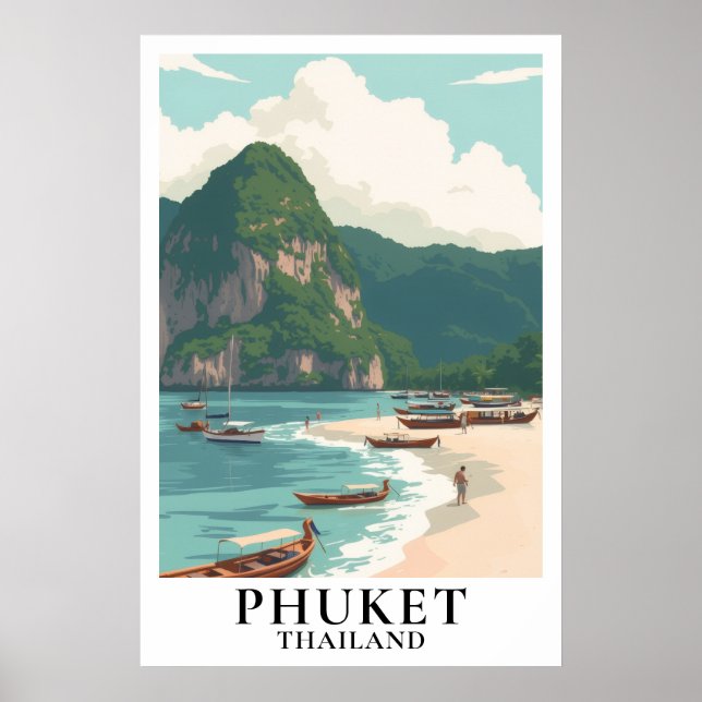 Phuket Thailand Vintage Resa Långsvansbåt Strand Poster (Framsidan)