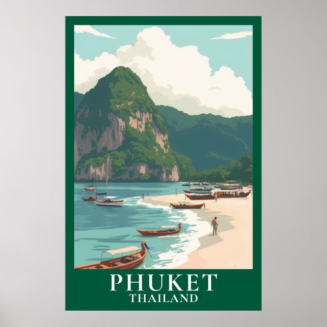 Phuket Thailand Vintage Travel Longtail Boat Beach Poster (Framsidan)