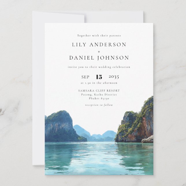 Phuket Thailand Watercolor QR Code Wedding Inbjudningar (Framsida)