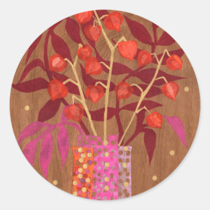 Physalis Chinese Lanternes Autumn Blommigt Sticker Runt Klistermärke